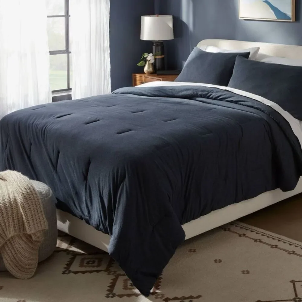 3pc King Soft Knit Cotton Jersey Comforter Set - Dark Navy Blue